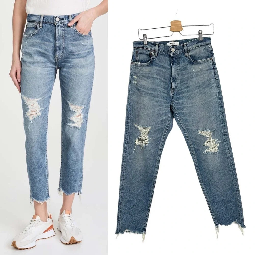 Moussy Vintage Carter Friend Jeans Blue Distressed‎ High Rise Relaxed Jeans 27
